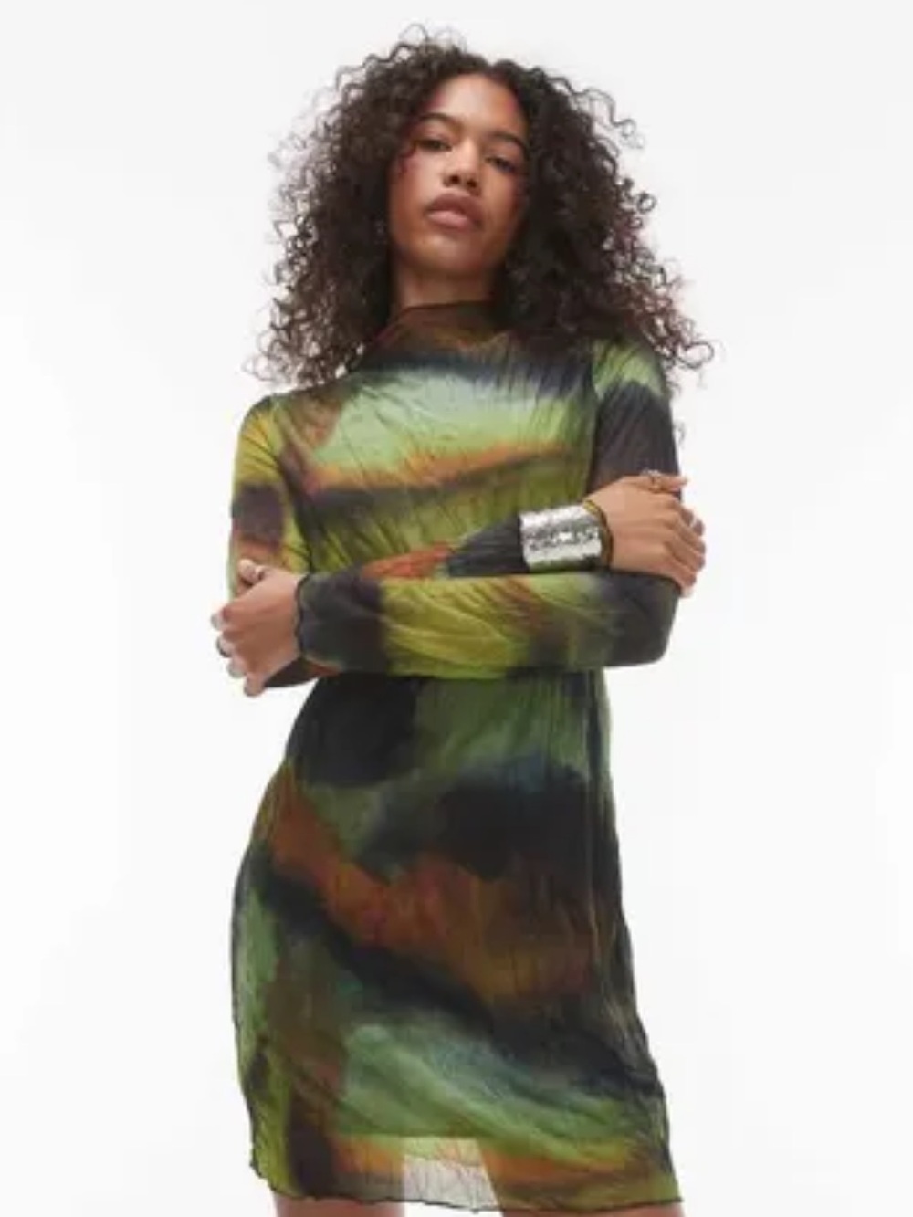 Topshop NWT Crinkle Mesh Abstract Print Mini Dress US 12 Lined Long Sleeve